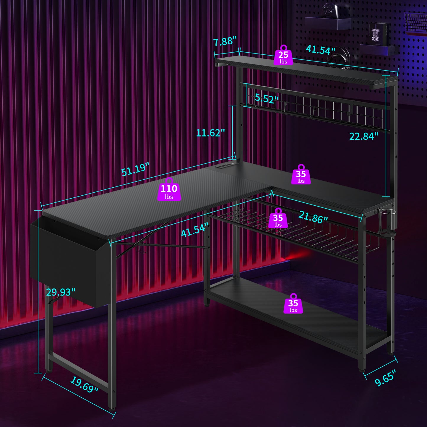 Capri L Shaped Gaming Desk, 52" Reversible Computer Desk with Power Outlets & LED Lights & Headset Hooks & Cup Holder & Storage Bag, Carbon Fiber Black