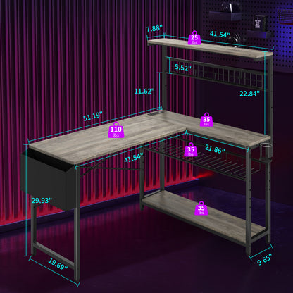 Capri L Shaped Gaming Desk, 52" Reversible Computer Desk with Power Outlets & LED Lights & Headset Hooks & Cup Holder & Storage Bag, Oak Gray