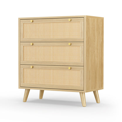 Capri 3-Drawer Dresser, Rattan Dresser Storage Wide Chest of Drawers, Wooden Bedside Night Stand Storage Cabinet for Bedroom,Living Room, Entryway, Natural
